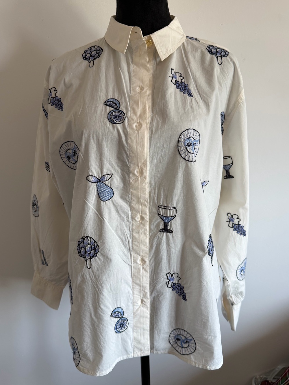 Women’s Button-Down Shirt with Blue Embroidered Fruit Motif